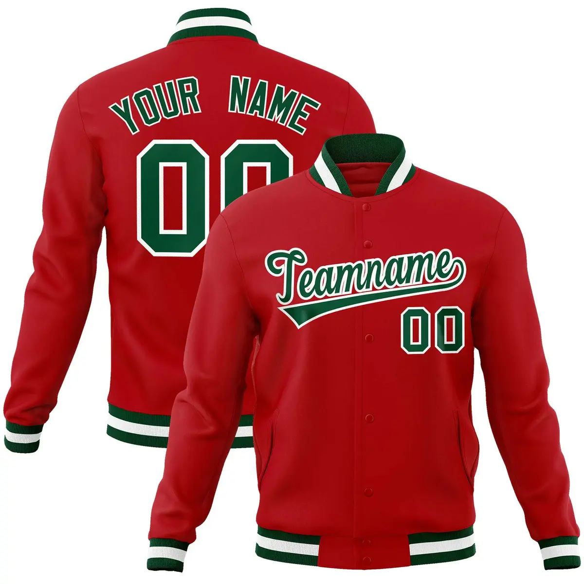 Red Green-White Classic Varsity Full-Snap Letterman Jacket