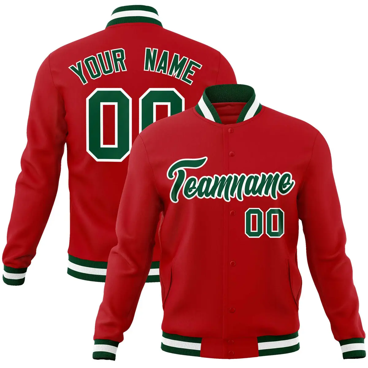 Red Green-White Classic Varsity Full-Snap Letterman Jacket