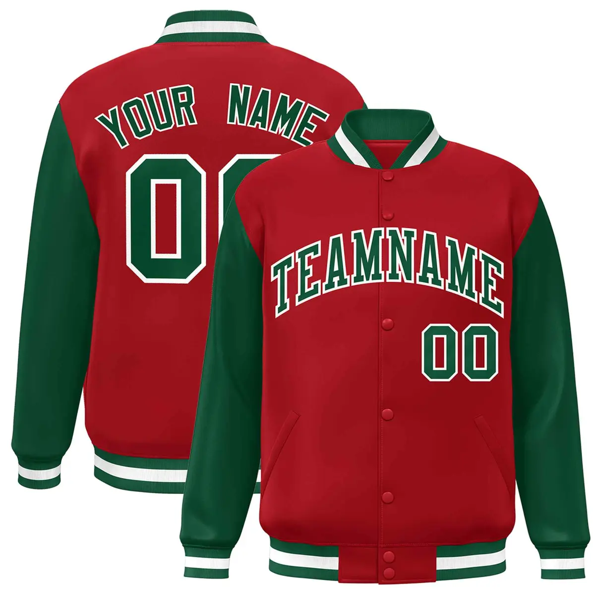 Red Green-White Raglan Sleeves Varsity Letterman Jacket