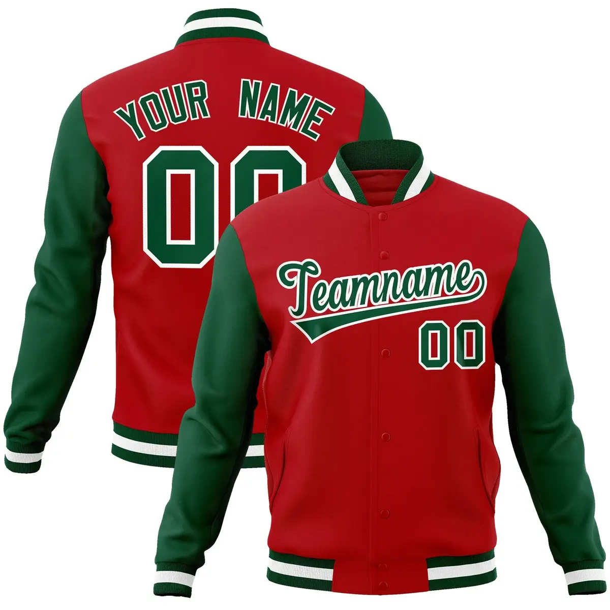 Red Green-White Raglan Sleeves Varsity Letterman Jacket