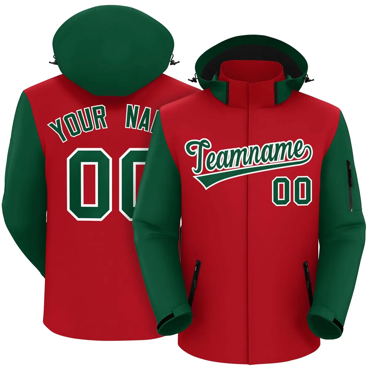 Red Green-White Raglan Sleeves Waterproof Jacket