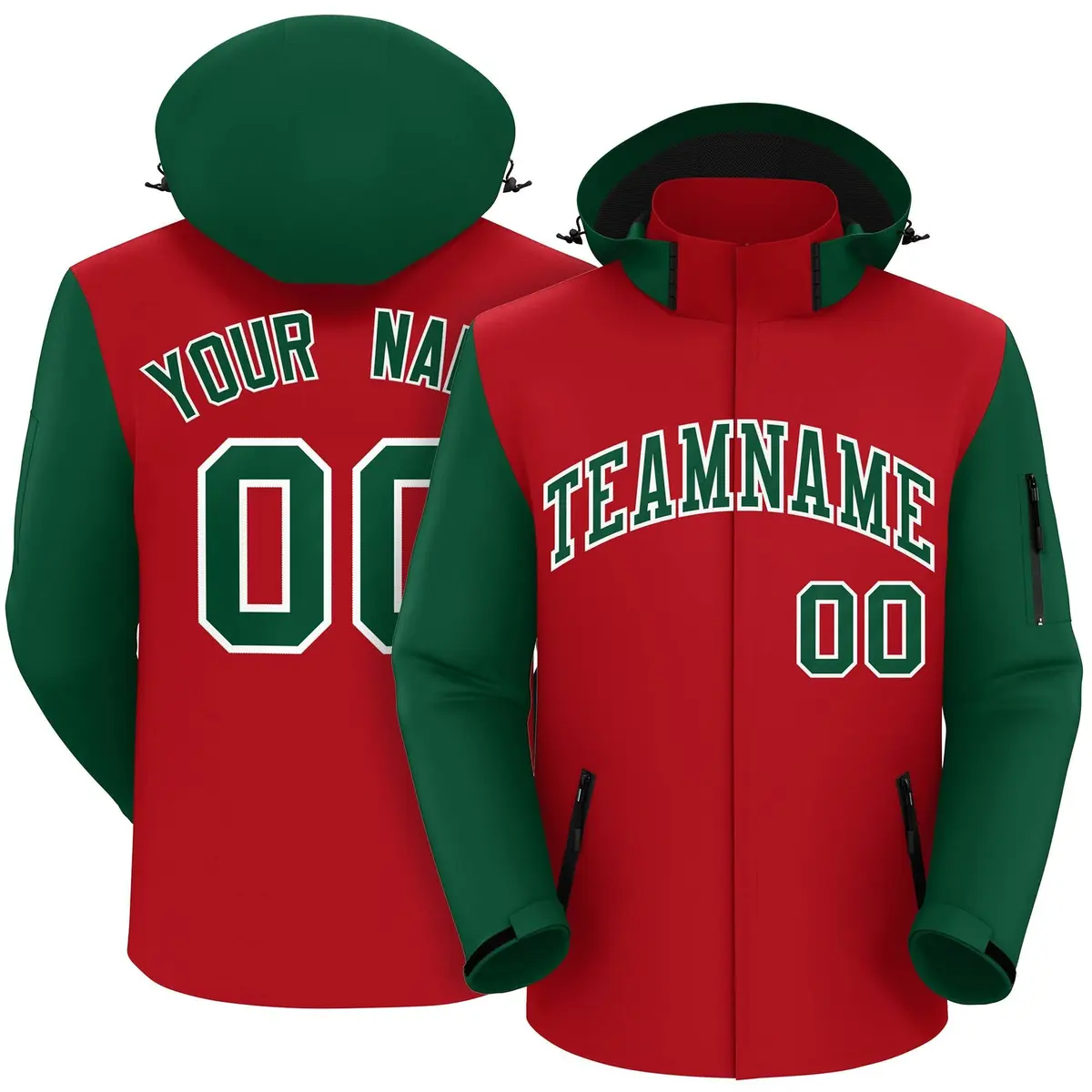 Red Green-White Raglan Sleeves Waterproof Jacket