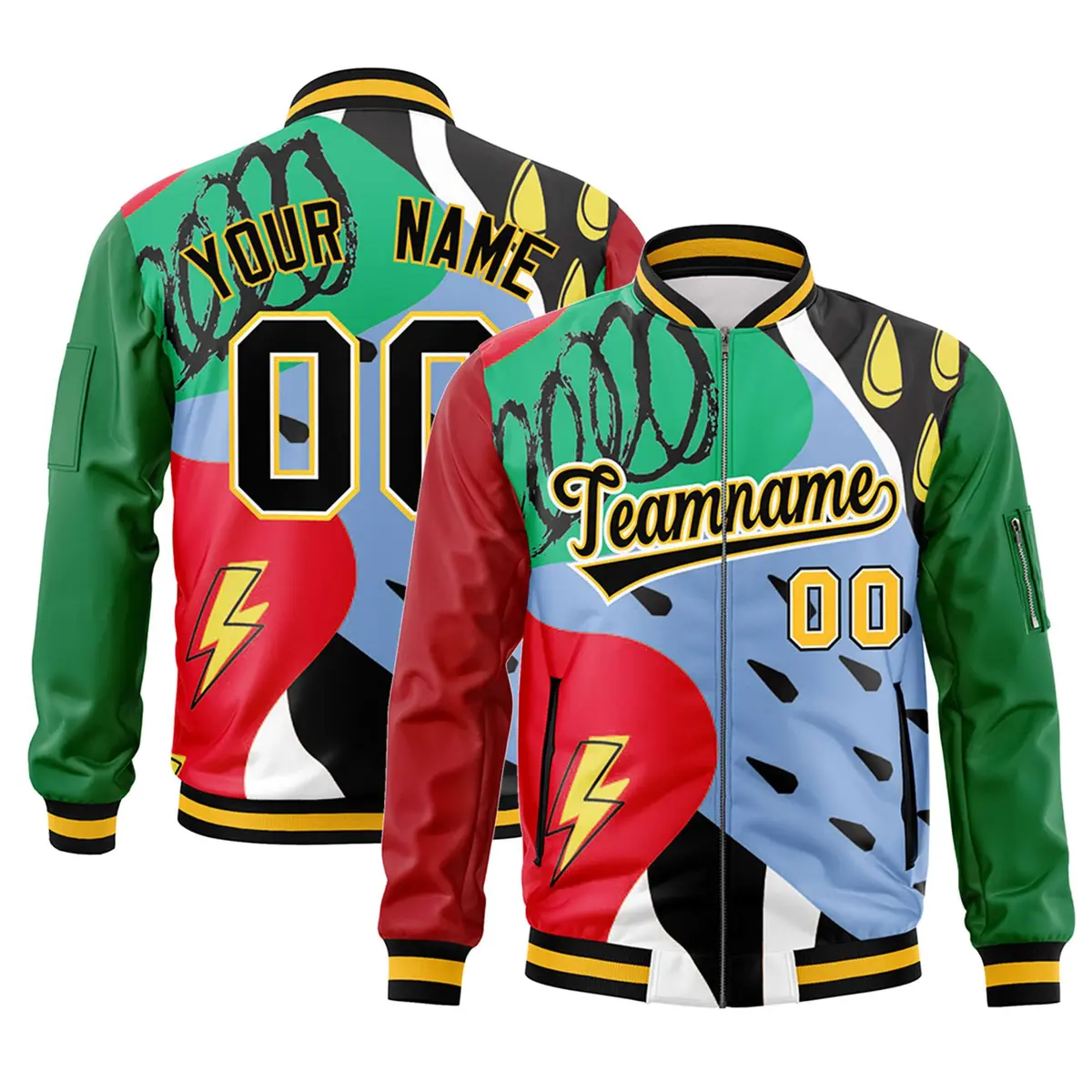 Red Kelly Green-Black Graffiti Pattern Full-Zip Letterman Bomber Jacket