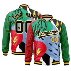 Red Kelly Green-Black Graffiti Pattern Full-Zip Letterman Bomber Jacket