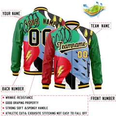 Red Kelly Green-Black Graffiti Pattern Full-Zip Letterman Bomber Jacket 2