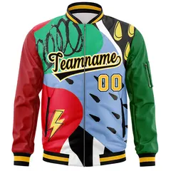 Red Kelly Green-Black Graffiti Pattern Full-Zip Letterman Bomber Jacket 3