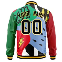 Red Kelly Green-Black Graffiti Pattern Full-Zip Letterman Bomber Jacket 4