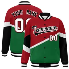Red Kelly Green Black-White Color Block Varsity Baseball Jacket 1