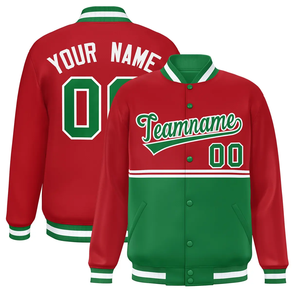 Red Kelly Green Full-Snap Color Block Varsity Letterman Jacket