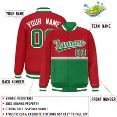 Red Kelly Green Full-Snap Color Block Varsity Letterman Jacket 2