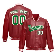 Red Kelly Green Full-Snap Varsity Faux Leather Letterman Jacket 1