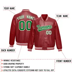 Red Kelly Green Full-Snap Varsity Faux Leather Letterman Jacket 2