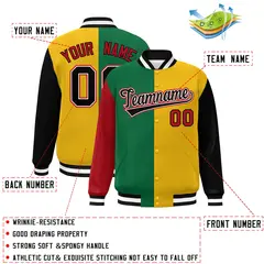 Red Kelly Green Gold-Black Color Block Full-Snap Varsity Baseball Jacket 2