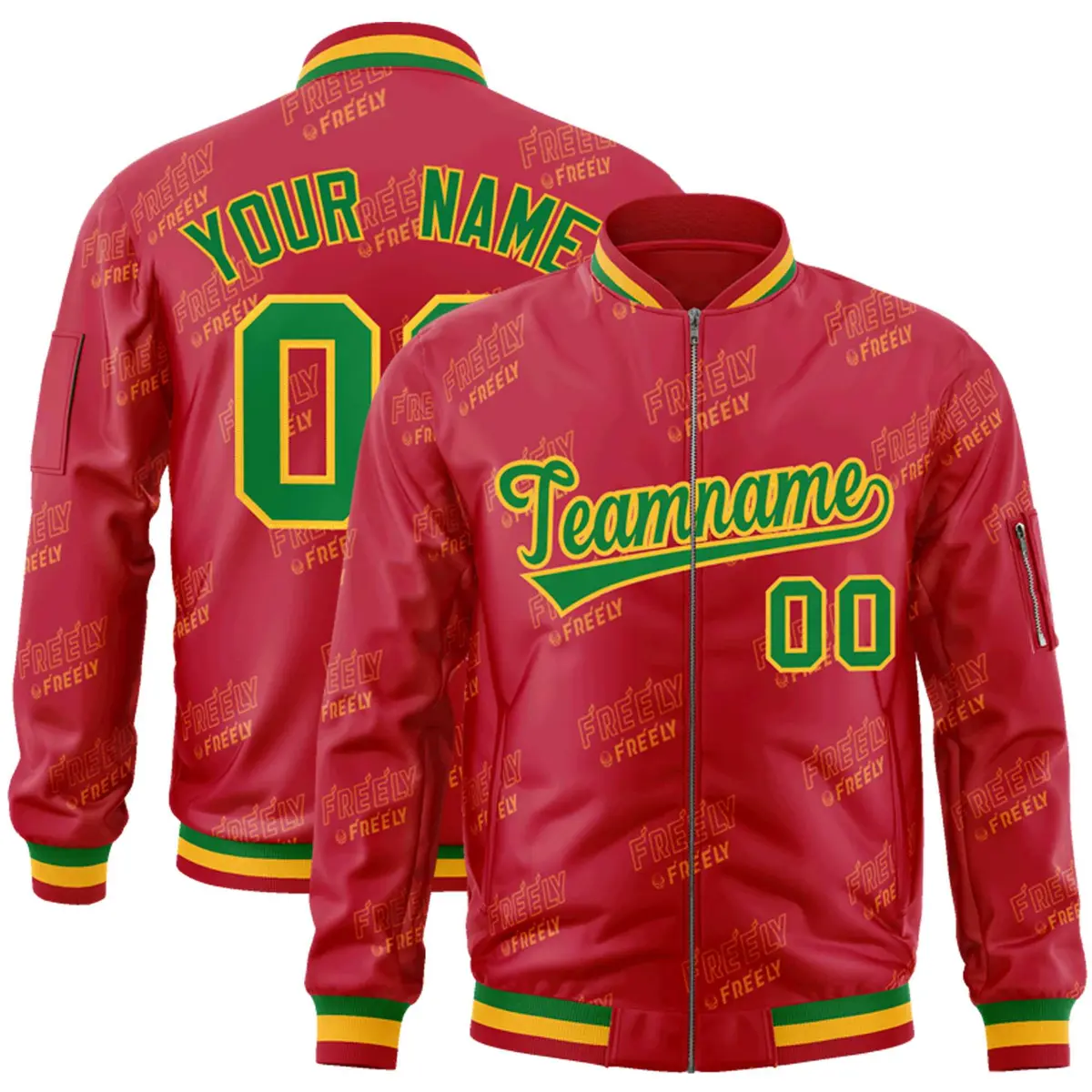 Red Kelly Green-Gold Full-Zip Varsity Letter Bomber Jacket