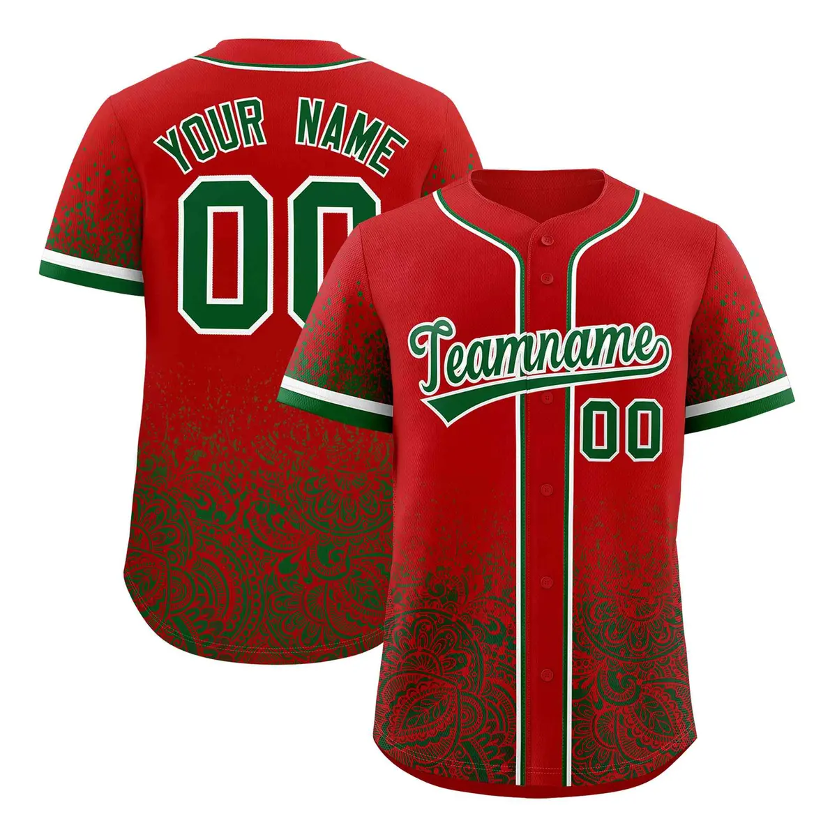 Red Kelly Green Gradient Floral Print Full Button Baseball Jersey