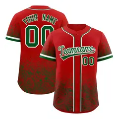 Red Kelly Green Gradient Floral Print Full Button Baseball Jersey