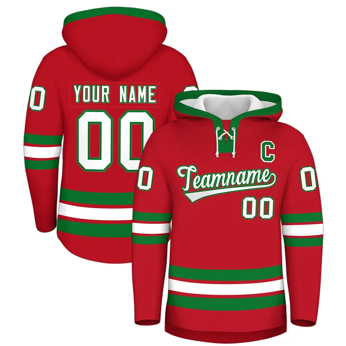 Red Kelly Green Lace-Up Neck Hockey Hoodie Classic Style