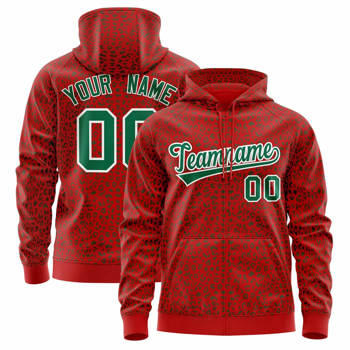 Red Kelly Green Leopard Print Varsity Full-Zip Letterman Jacket Hoodie