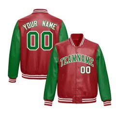 Red Kelly Green Raglan Full-Snap Varsity Faux Leather Letterman Jacket