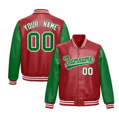 Red Kelly Green Raglan Full-Snap Varsity Faux Leather Letterman Jacket 1