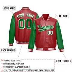 Red Kelly Green Raglan Full-Snap Varsity Faux Leather Letterman Jacket 2