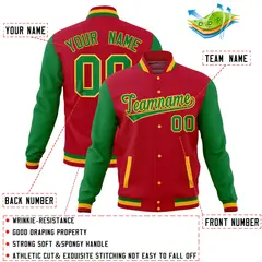 Red Kelly Green Raglan Full-Snap Varsity Letterman Baseball Jacket 4