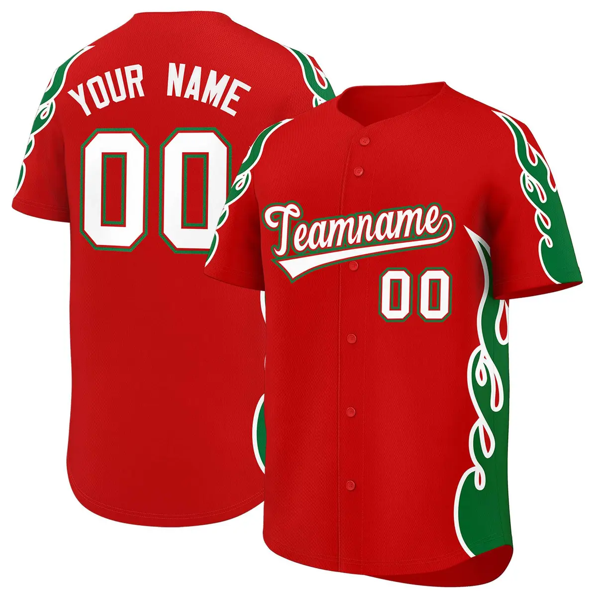 Red Kelly Green Side Flame Outline Baseball Jersey