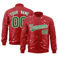 Red Kelly Green Splash Graffiti Pattern Full-Zip Letterman Jacket 1