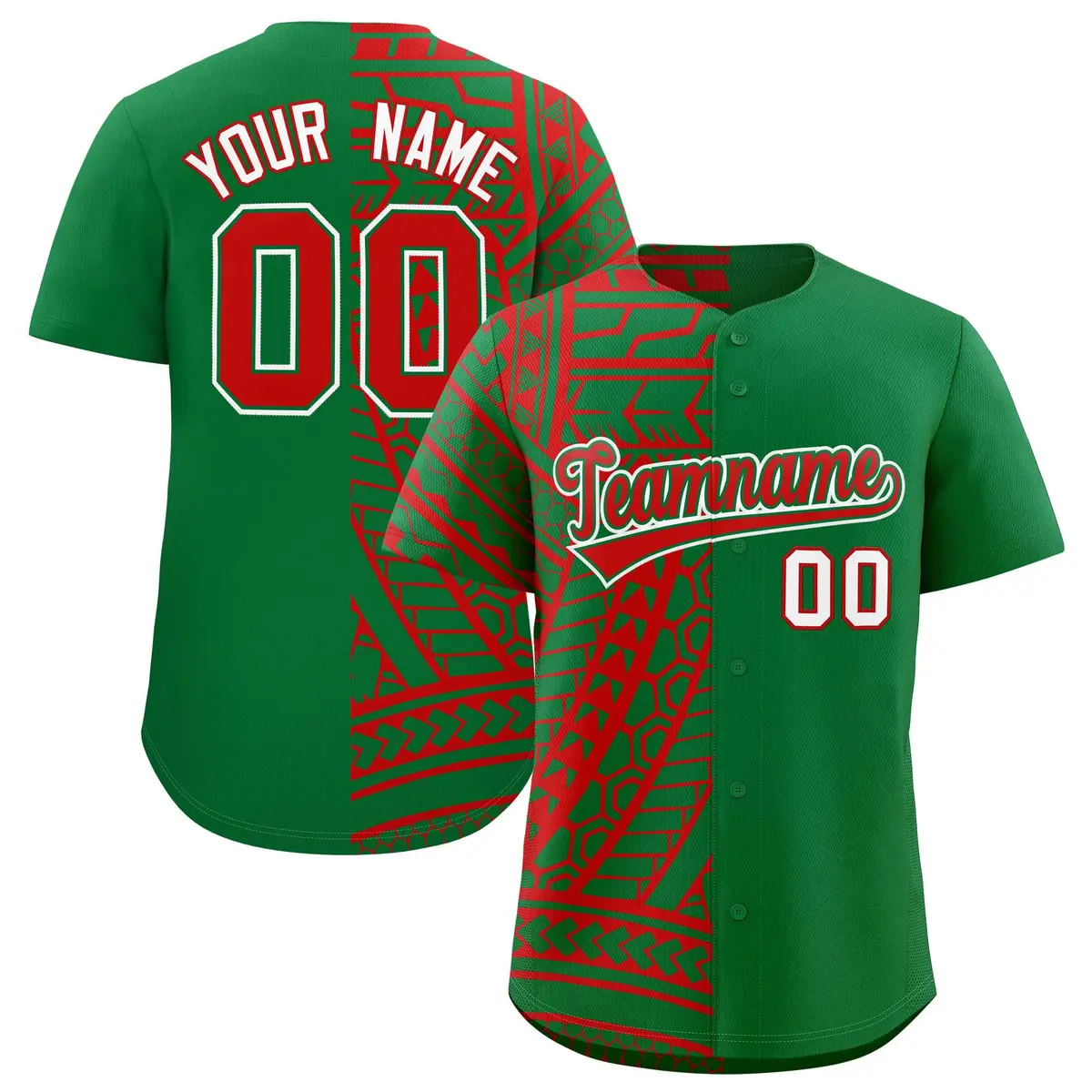 Red Kelly Green Tribal Split Baseball Jersey