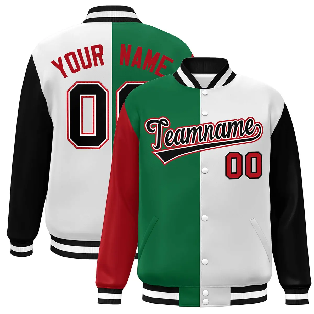 Red Kelly Green White-Black Color Block Varsity Full-Snap Baseball Jacket