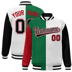 Red Kelly Green White-Black Color Block Varsity Full-Snap Baseball Jacket
