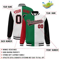 Red Kelly Green White-Black Color Block Varsity Full-Snap Baseball Jacket 2