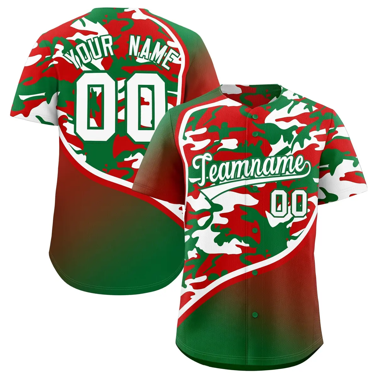 Red Kelly Green White Camo Gradient Fashion Baseball Jersey