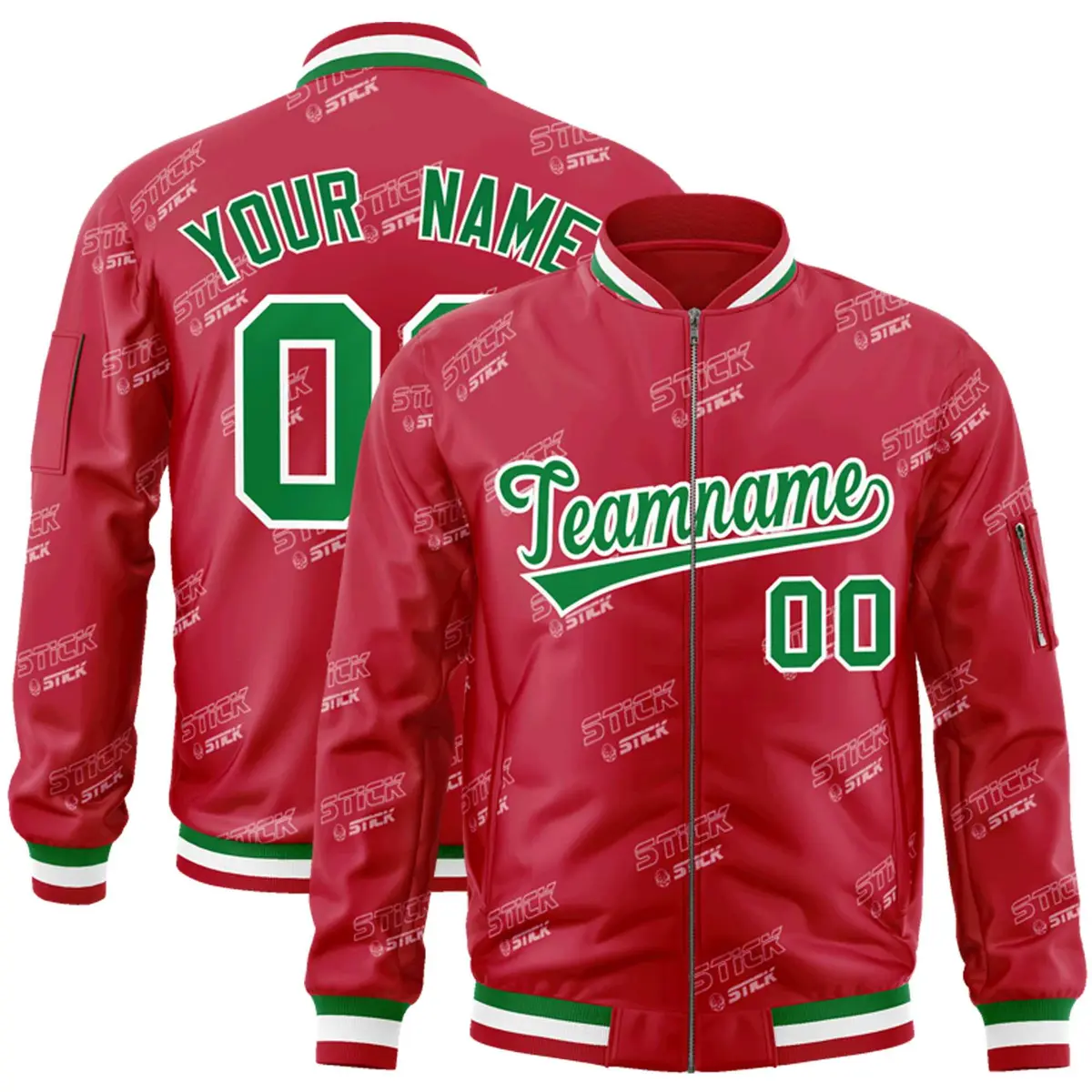 Red Kelly Green-White Full-Zip Varsity Letter Bomber Jacket