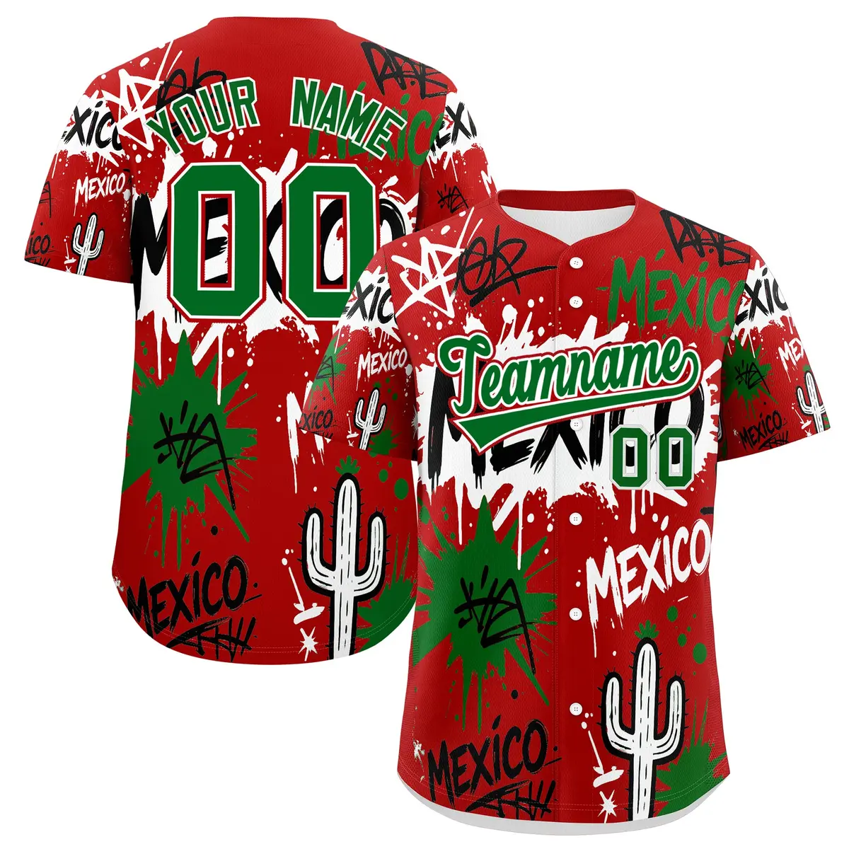 Red Kelly Green White Graffiti Mexican Style Baseball Jersey