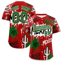 Red Kelly Green White Graffiti Mexican Style Baseball Jersey 1