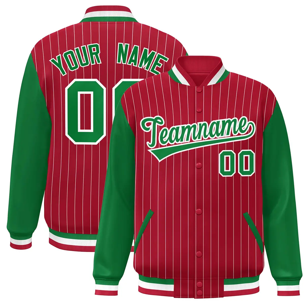 Red Kelly Green-White Stripe Varsity Bomber Jacket with Raglan Sleeves