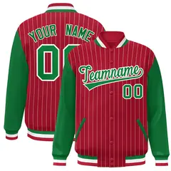 Red Kelly Green-White Stripe Varsity Bomber Jacket with Raglan Sleeves
