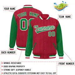 Red Kelly Green-White Stripe Varsity Bomber Jacket with Raglan Sleeves 2
