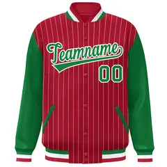 Red Kelly Green-White Stripe Varsity Bomber Jacket with Raglan Sleeves 3