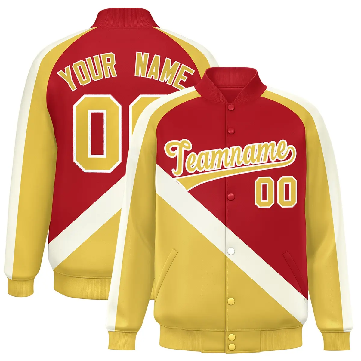 Red Khaki Raglan Varsity Full-Snap Letterman Baseball Jacket