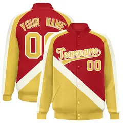 Red Khaki Raglan Varsity Full-Snap Letterman Baseball Jacket 1
