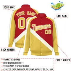 Red Khaki Raglan Varsity Full-Snap Letterman Baseball Jacket 2