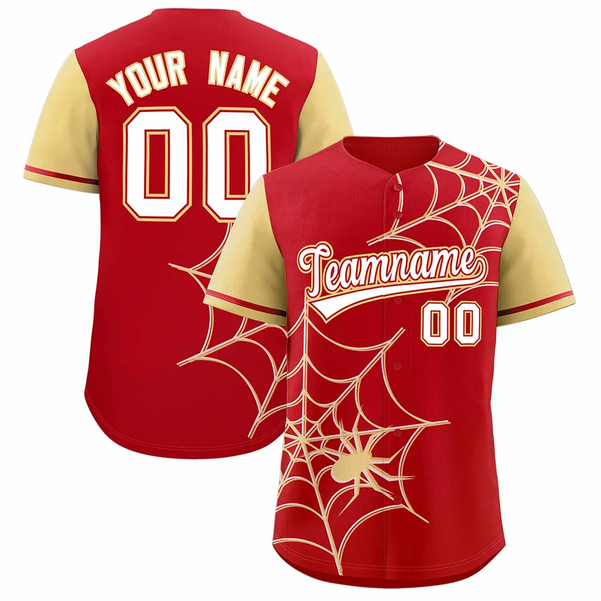 Red Khaki Spider Web Raglan Sleeves Baseball Jersey