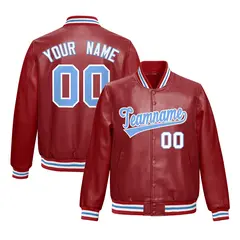 Red Light Blue Faux Leather Letterman Jacket Full-Snap Varsity 1