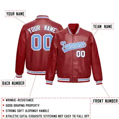 Red Light Blue Faux Leather Letterman Jacket Full-Snap Varsity 2
