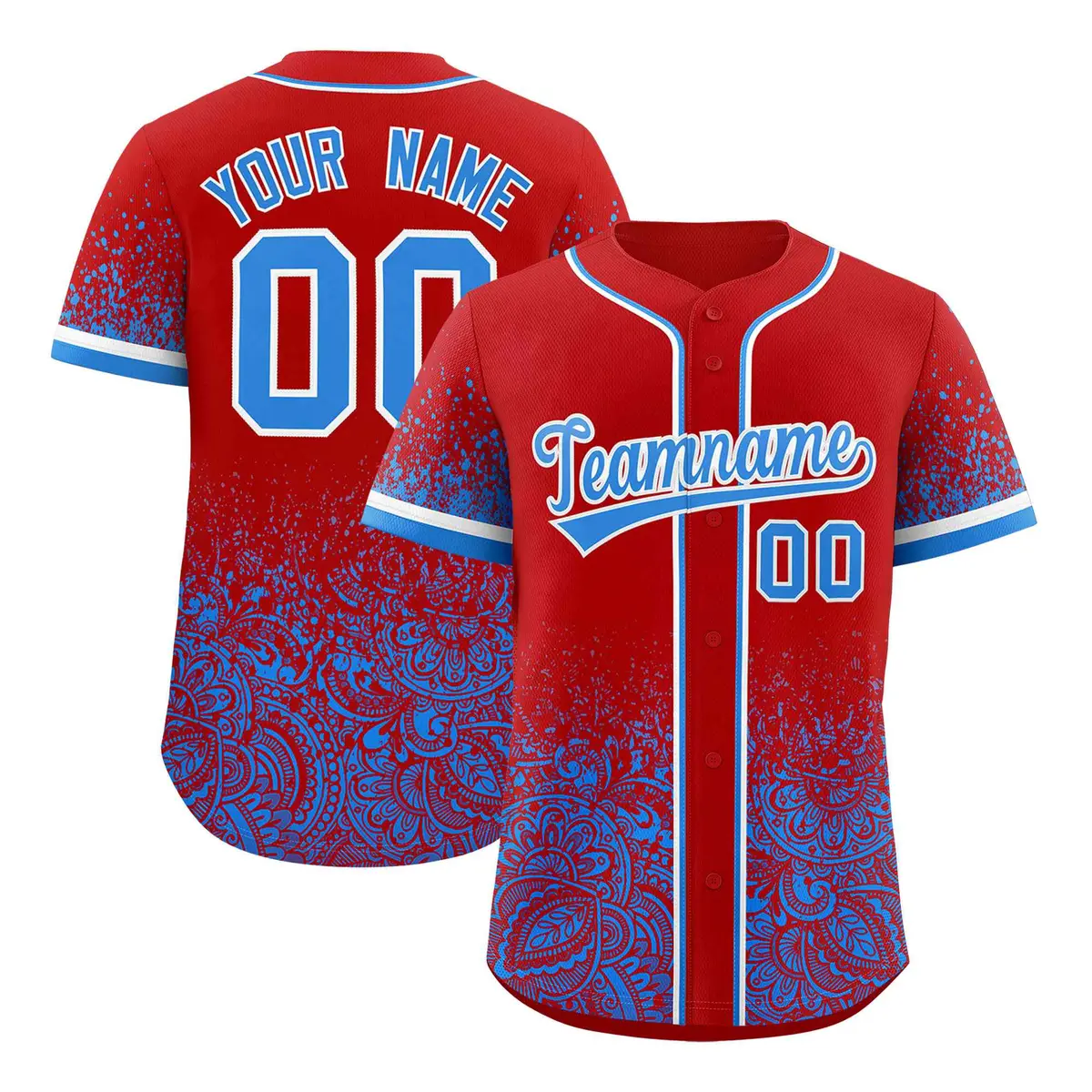 Red Light Blue Gradient Floral Print Full Button Baseball Jersey