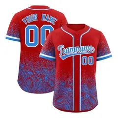 Red Light Blue Gradient Floral Print Full Button Baseball Jersey