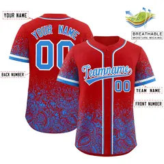 Red Light Blue Gradient Floral Print Full Button Baseball Jersey 2