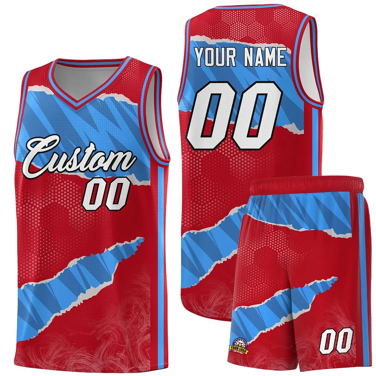 Red Light Blue-Navy Tear Graffiti Basketball Jersey